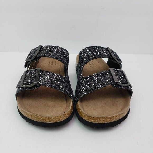 NEW Seekavan Womens Size 6-6.5 Black Glitter Leather Slip On 2 Strap Sandals - Picture 5 of 10